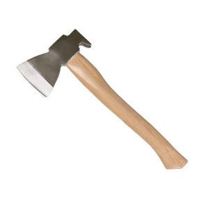 Collection of outdoor and survival axes with wooden and synthetic handles