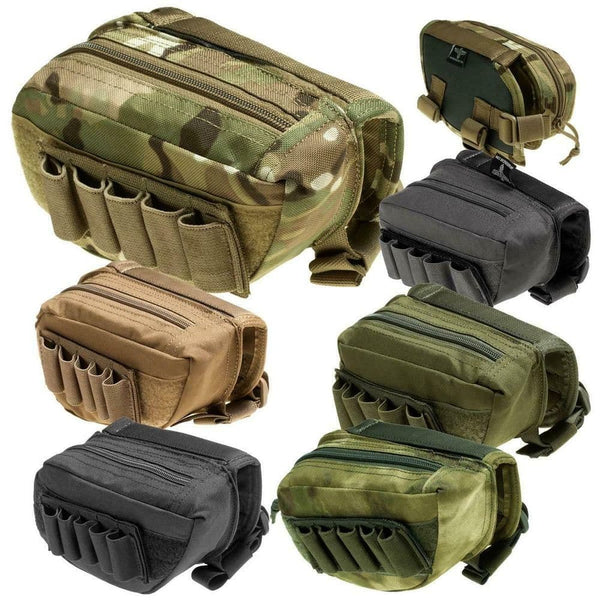 Tactical stock pouch mounted on rifle for battery and accessory storage