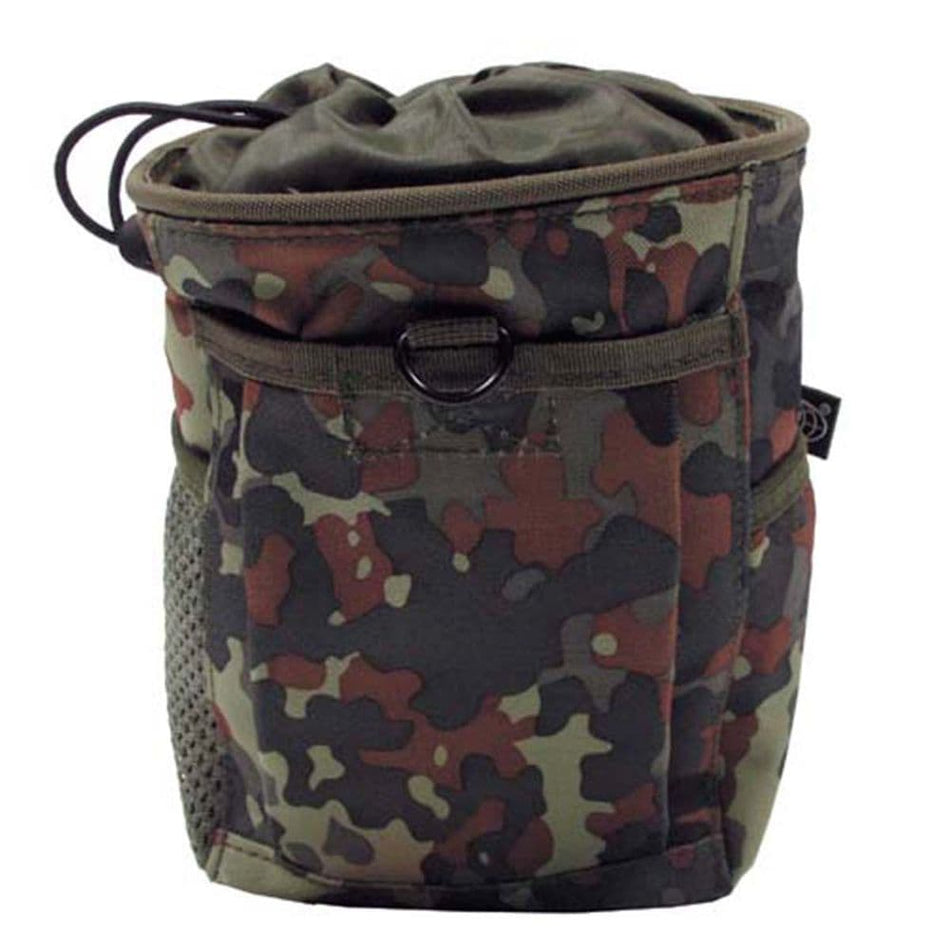 Tactical dump pouch attached to MOLLE belt holding empty magazines