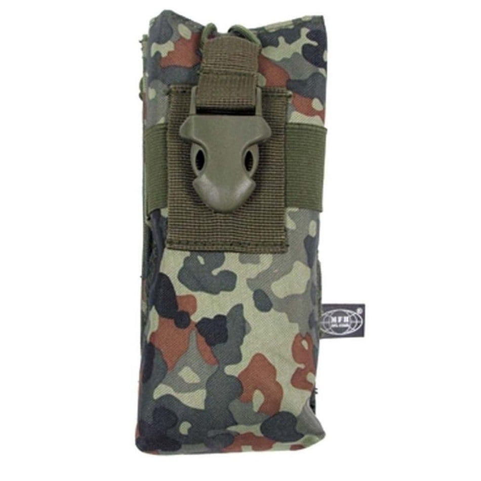 Tactical radio pouch mounted on MOLLE vest holding Baofeng radio