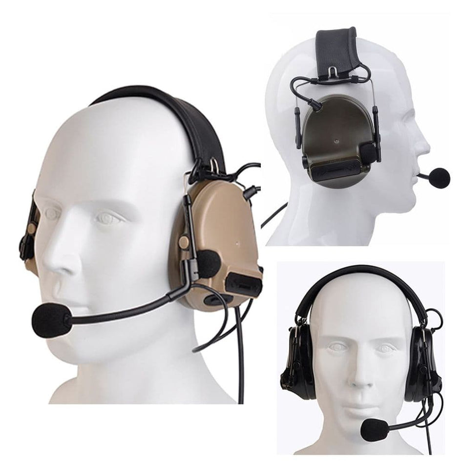Airsoft comms setup with headset, earpiece, and handheld radio