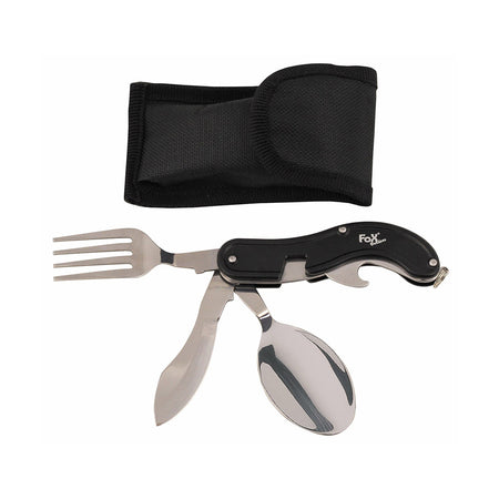 Fox Outdoors Camping 4-in-1 Pocket Knife Spork Cutlery Set Detachable Black