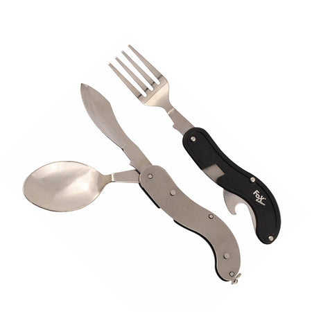 Fox Outdoors Camping 4-in-1 Pocket Knife Spork Cutlery Set Detachable Black