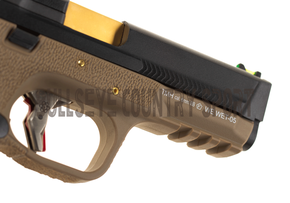 WE WET-05 Airsoft Pistol GBB Tan Frame Black Slide Gold Barrel
