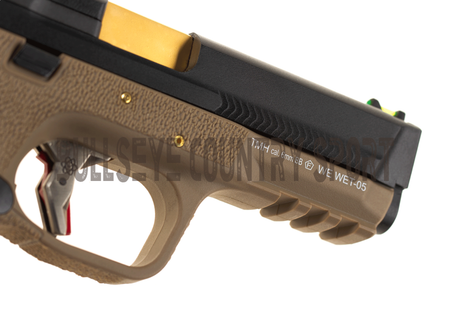 WE WET-05 Airsoft Pistol GBB Tan Frame Black Slide Gold Barrel
