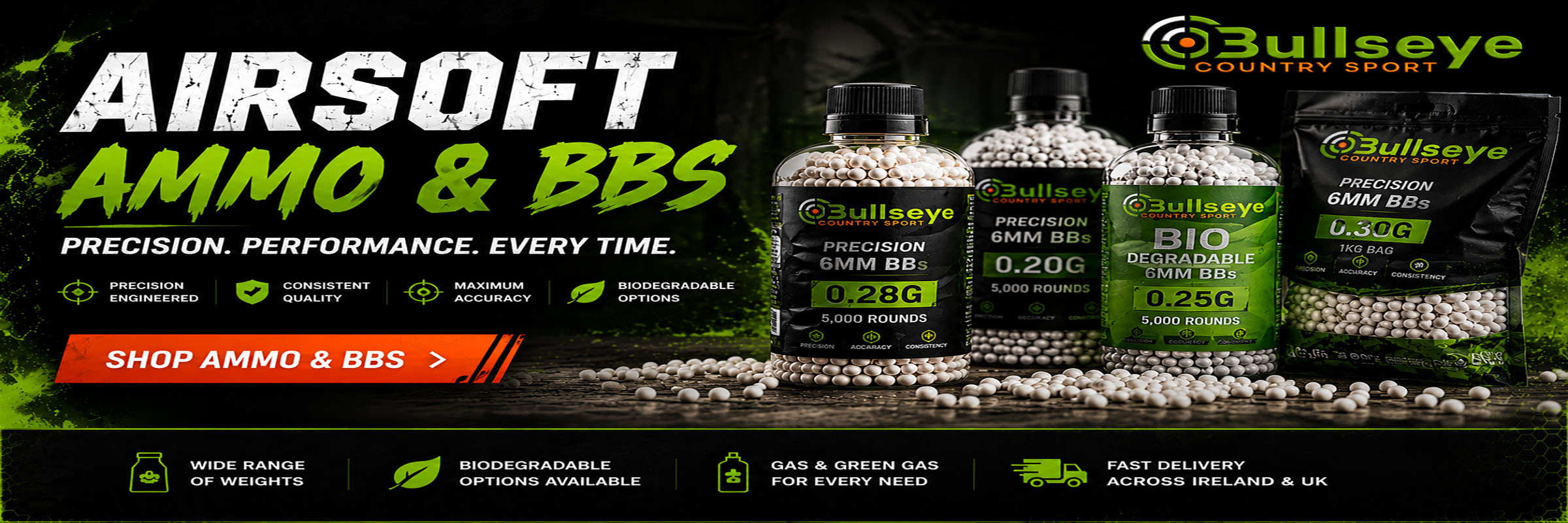 Bullseye Country Sport Airsoft Ammo & BBs featuring precision 6mm BBs, biodegradable airsoft ammunition, multiple BB weights, and premium airsoft consumables for improved accuracy and performance.