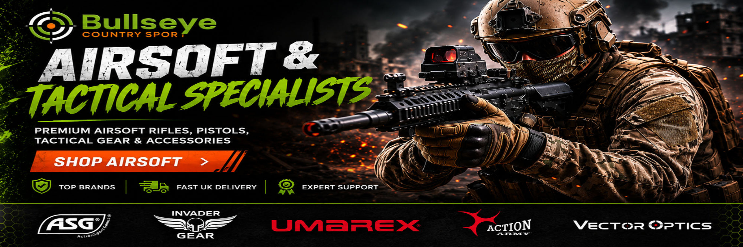 Bullseye Country Sport Airsoft and Tactical Specialists banner featuring premium airsoft rifles, pistols, tactical gear, accessories, and leading brands including ASG, Invader Gear, Umarex, Action Army, and Vector Optics.