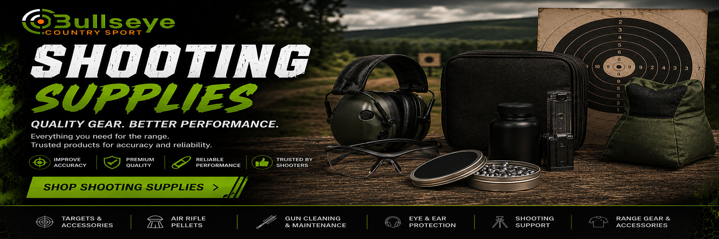 Bullseye Country Sport Shooting Supplies collection featuring air rifle pellets, targets, gun cleaning kits, eye and ear protection, shooting rests and essential range accessories for target shooting and airgun enthusiasts.