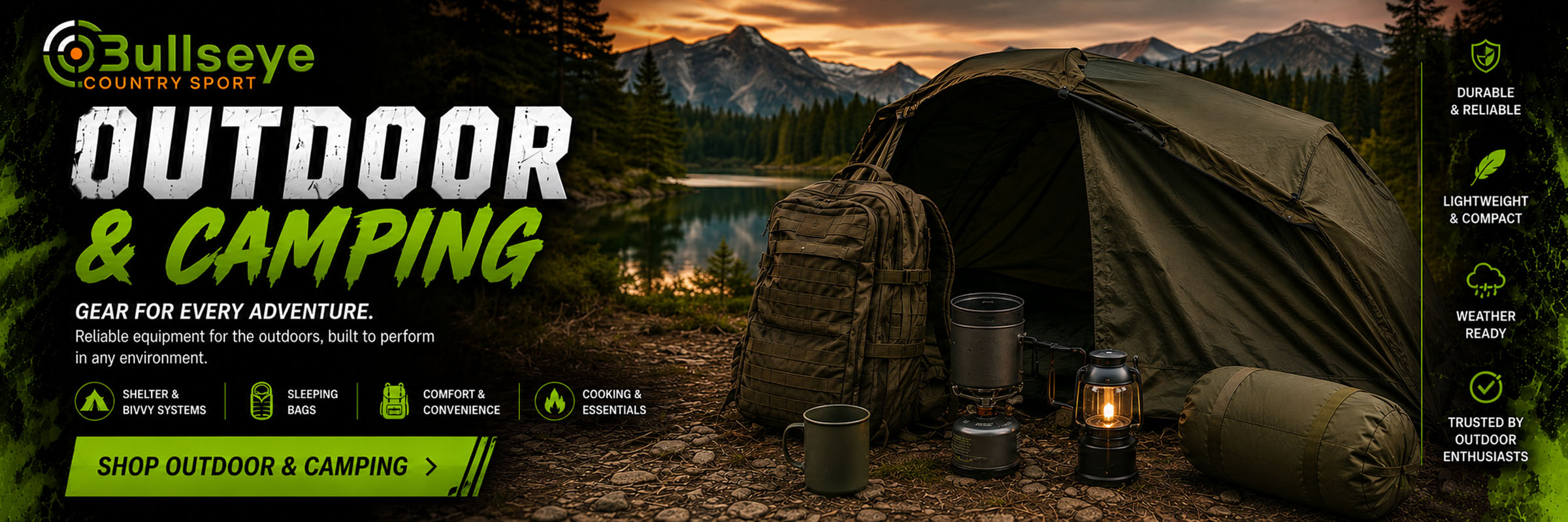 Bullseye Country Sport Outdoor & Camping collection featuring tents, bivvies, sleeping bags, backpacks, cooking equipment and outdoor essentials for camping, bushcraft and wilderness adventures.