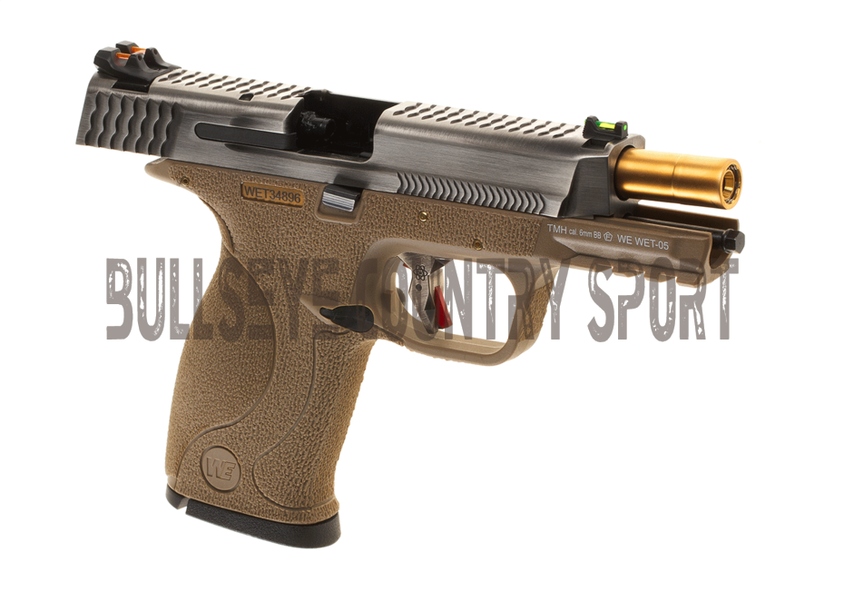 WE WET-05 Airsoft Pistol GBB Tan Frame Silver Slide Gold Barrel