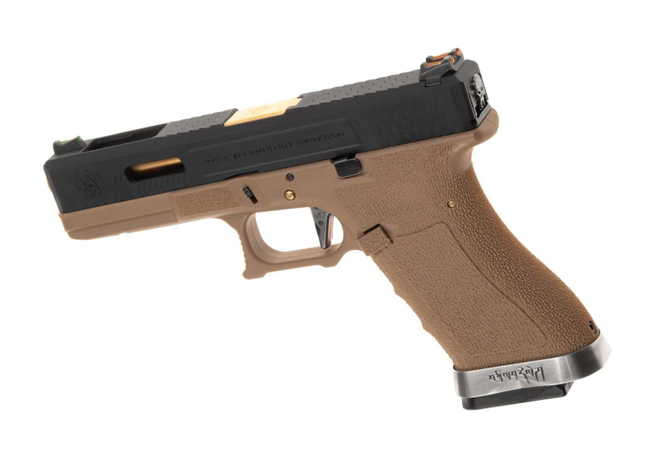WE Airsoft G-Force EU17 SV Gold Barrel Black Slide Tan Frame Green Gas Pistol