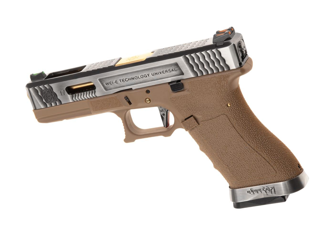 WE Airsoft G-Force EU17 SV Gold Barrel Tan Frame Silver Slide Green Gas Pistol