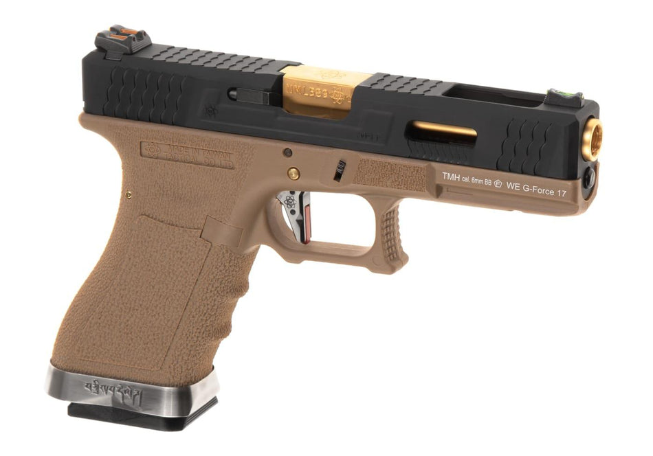 WE Airsoft G-Force EU17 SV Gold Barrel Black Slide Tan Frame Green Gas Pistol