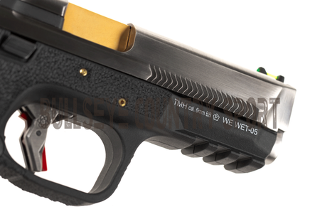 WE WET-05 Airsoft Pistol GBB Black Frame Silver Slide Gold Barrel