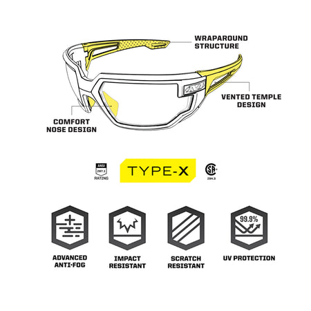 Mechanix TYPE-X Safety Glasses Black Frame Clear Lens