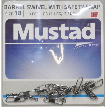 Mustad Fishing Barrel Swivels Safety Snap Size 18 / 5.5kg 10 Pack 