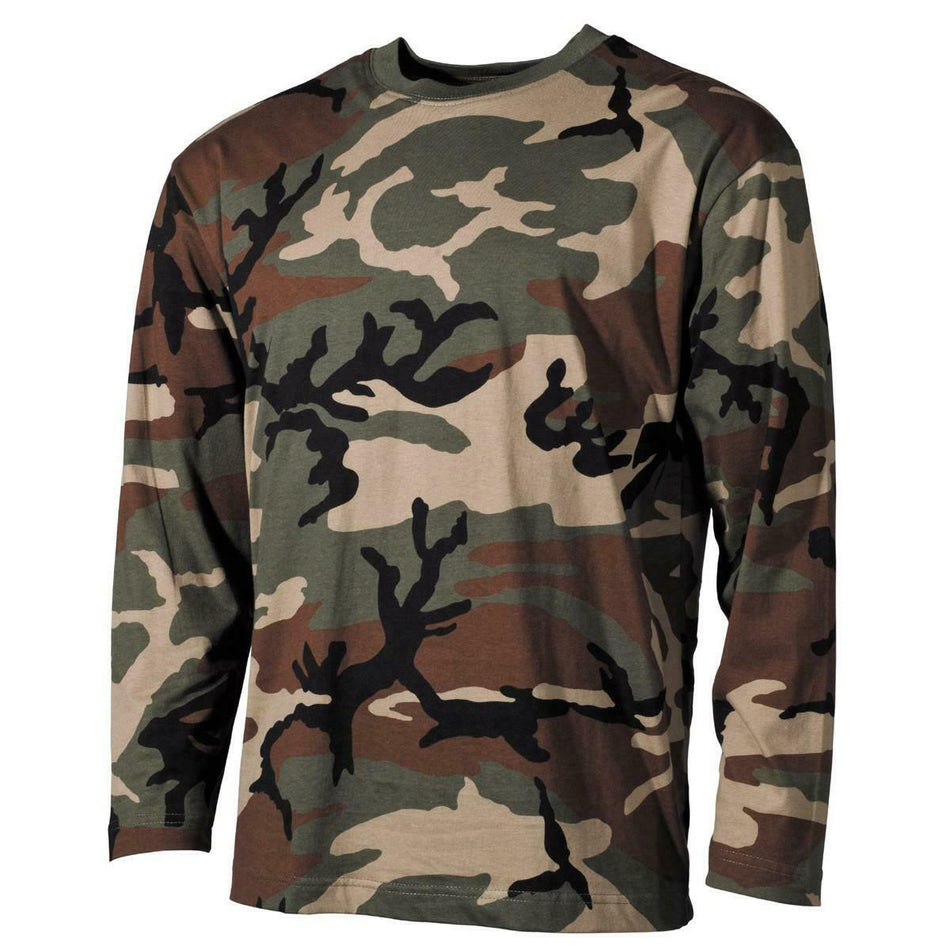 MFH Mens Long Sleeve US Style Army T-Shirt Woodland Camo
