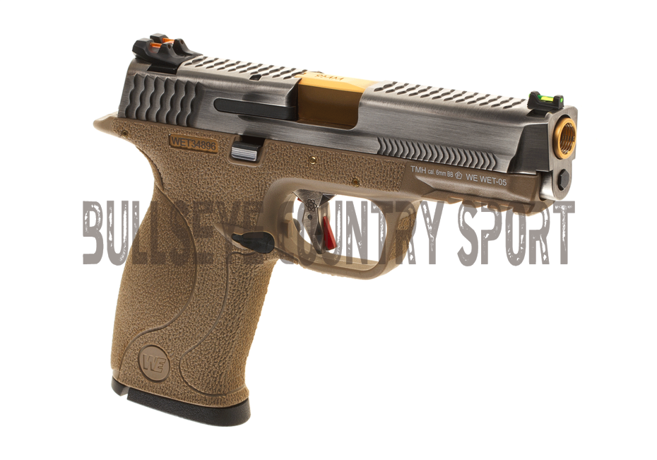 WE WET-05 Airsoft Pistol GBB Tan Frame Silver Slide Gold Barrel