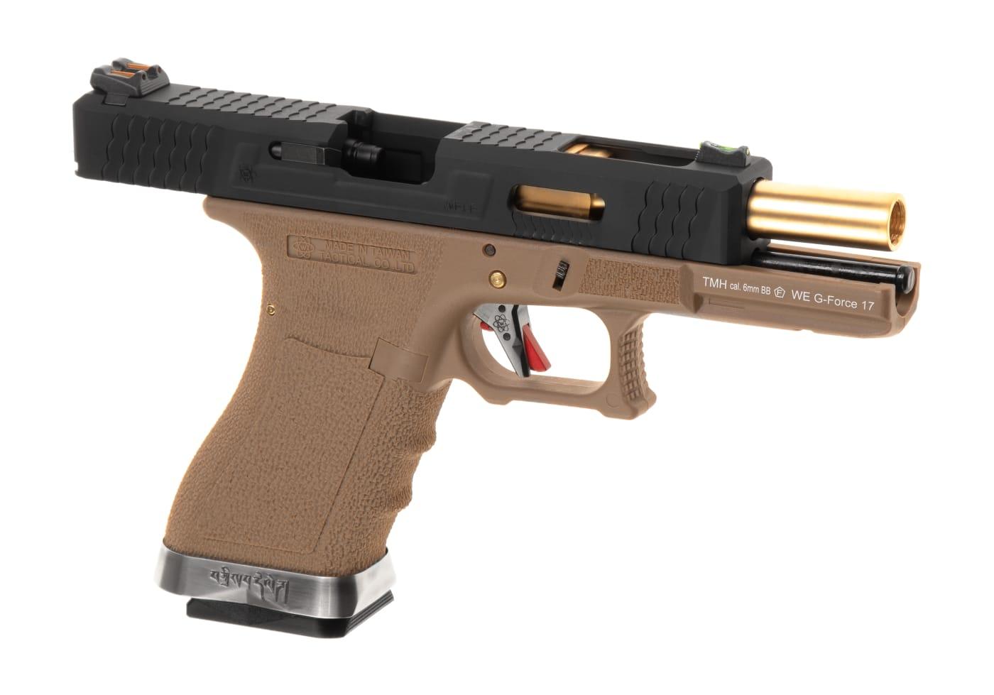 WE Airsoft G-Force EU17 SV Gold Barrel Black Slide Tan Frame Green Gas Pistol
