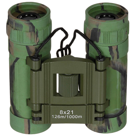 MFH Foldable Binocular 8x21 Woodland Camo Ruby Lens