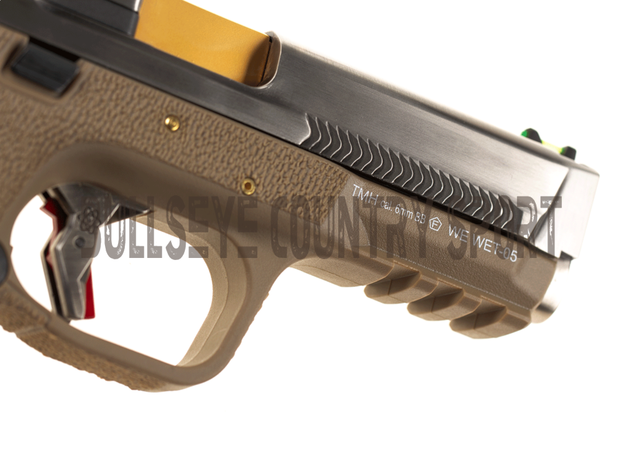 WE WET-05 Airsoft Pistol GBB Tan Frame Silver Slide Gold Barrel