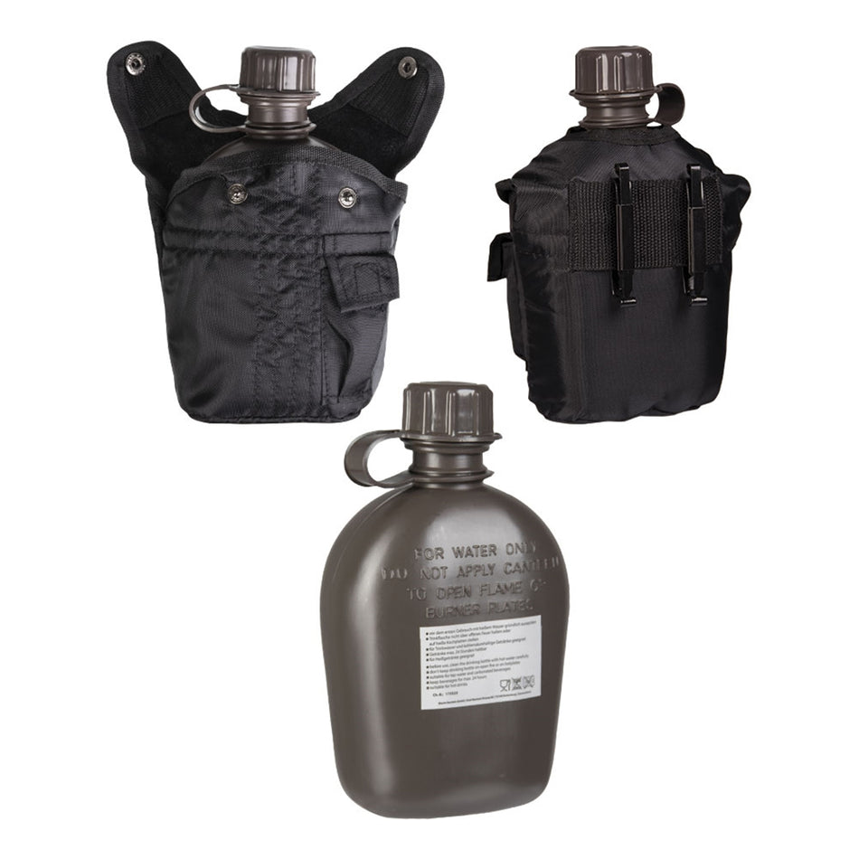 Mil-Tec 1L US Army Style Canteen Water Bottle with Cover Black