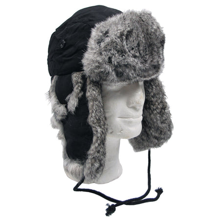 MFH Fur Trapper Hat Quilted Lining Black Grey