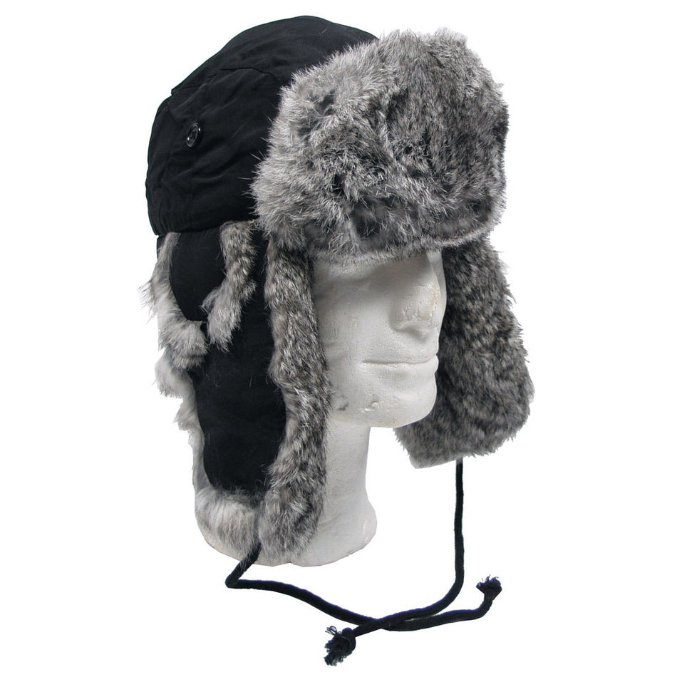 MFH Fur Trapper Hat Quilted Lining Black Grey
