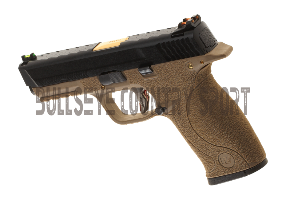 WE WET-05 Airsoft Pistol GBB Tan Frame Black Slide Gold Barrel