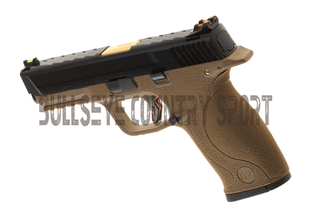 WE WET-05 Airsoft Pistol GBB Tan Frame Black Slide Gold Barrel