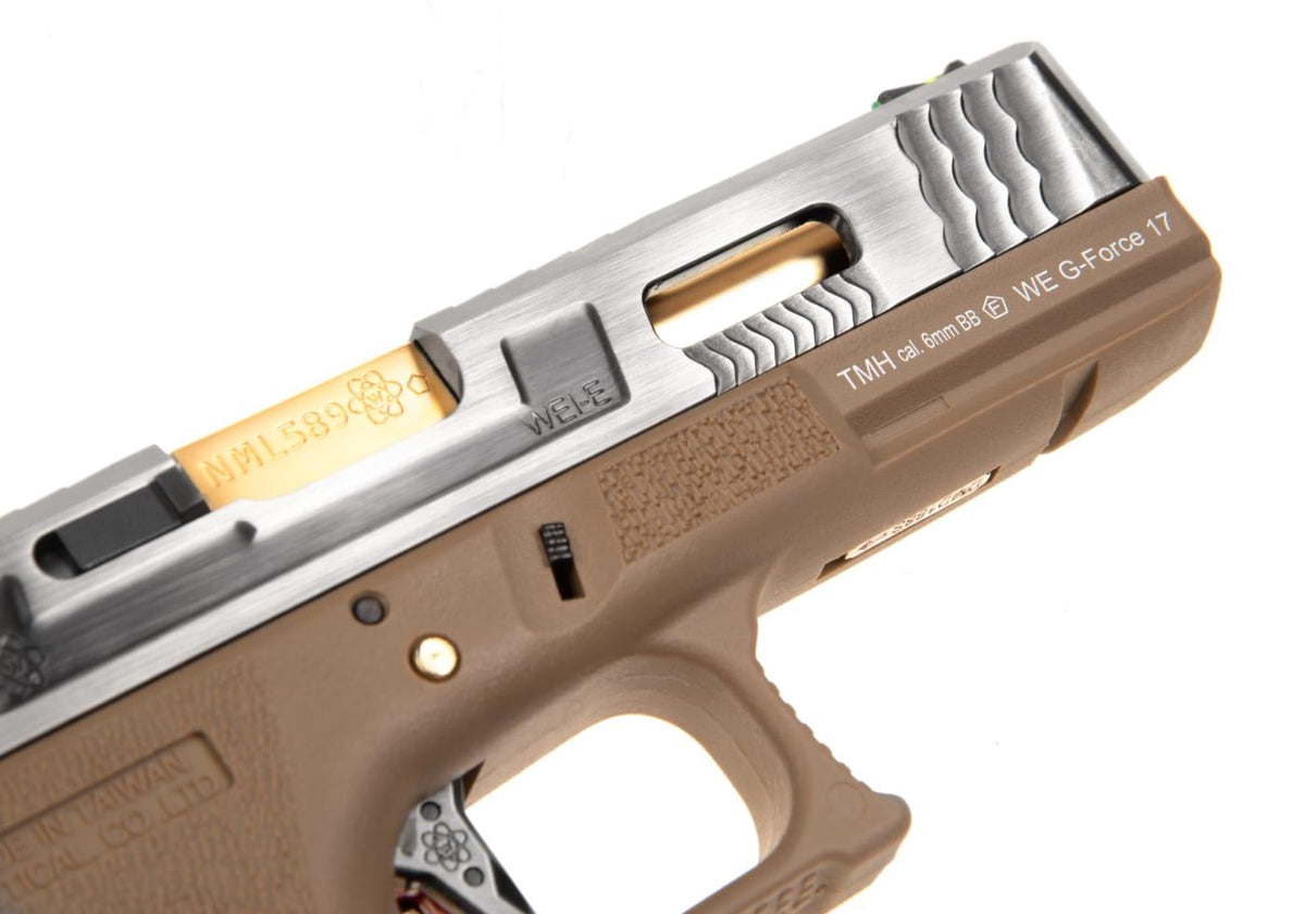WE Airsoft G-Force EU17 SV Gold Barrel Tan Frame Silver Slide Green Gas Pistol