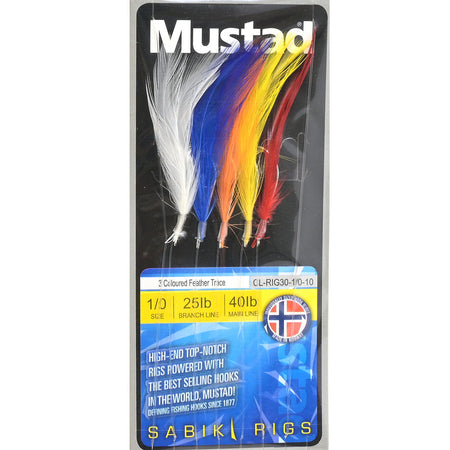 Mustad 3 Coloured Feather Trace Rigs Sz1/0 40lb