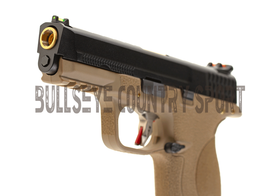 WE WET-05 Airsoft Pistol GBB Tan Frame Black Slide Gold Barrel