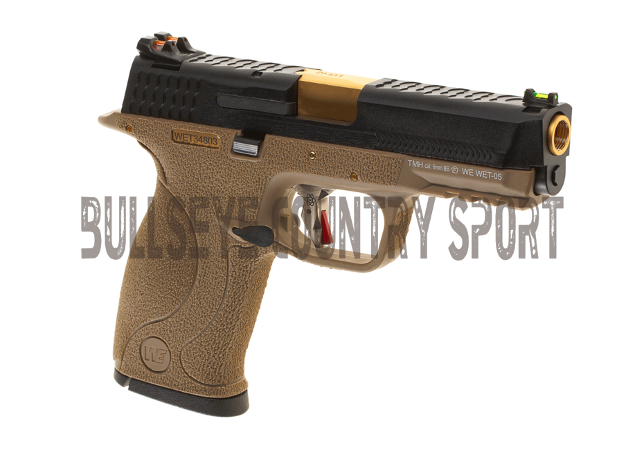 WE WET-05 Airsoft Pistol GBB Tan Frame Black Slide Gold Barrel