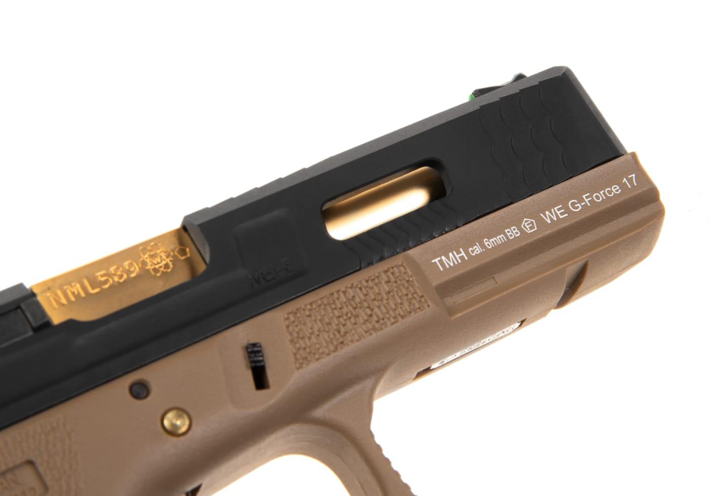 WE Airsoft G-Force EU17 SV Gold Barrel Black Slide Tan Frame Green Gas Pistol